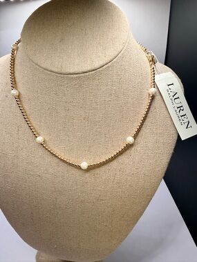Ralph Lauren Gold Chain Necklace with Pearl Stations